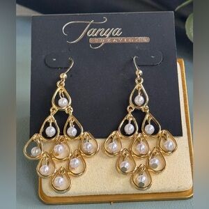 Gold and Pearl Drop Earrings 2.5 inch